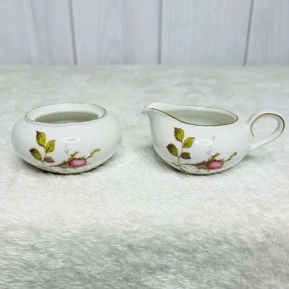 Eschenbach Bavaria Germany Moss Rose Demitasse Teacup Saucers Cream and Sugar
